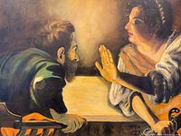 Full view of signed oil painting showing both figures