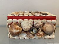 Front view of seashell-covered trinket box showing lid and red trim