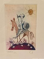 close view of artwork showing Don Quixote, signature and numbering