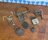 Overview of all padlocks and key groups on wooden surface