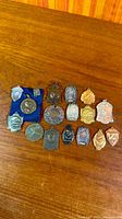 Overall view of all medallions and pins on wooden surface