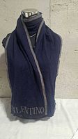Scarf draped on mannequin showing navy side, gray border, logo