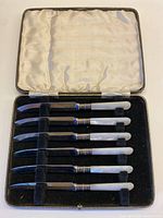 Open case showing six knives secured in velvet slots