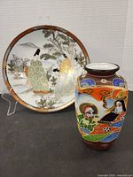 Kutani style plate and Satsuma style vase group shot