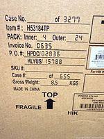 Shipping case label showing item number, pack count and origin