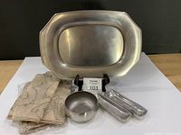 Tray, bowl, two pewter dishes, napkins