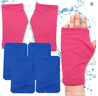 Display image showing one pink glove pair with four blue gel packs on water-themed background