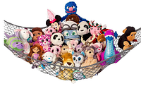 Promotional image showing grey net hammock filled with plush toys