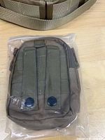 Sealed olive drab MOLLE pouch front view with attachment straps and snap buttons