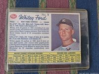 Front of 1962 Post Whitey Ford card in sleeve showing image, stats, text, visible corner wear