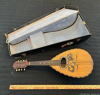 Mandolin laid beside open hard case with ruler for scale