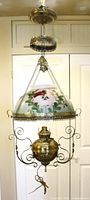 Full view of brass hanging parlor lamp assembled