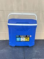 Front view of blue Igloo 30-quart cooler showing label and handle