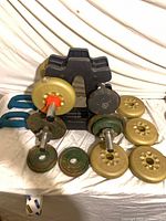 overall view of stand, plates, bars and blue hand weights