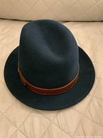 Blue wool felt fedora with brown hatband front view
