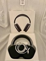 Headphones in open box with image of product on inner lid