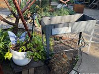 Overall view of raised plastic planter and potted plant together