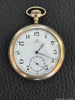 Full front view of Omega pocket watch showing dial, hands, case, bow crown