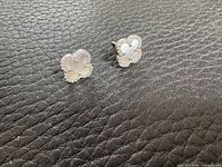 Front view of both earrings showing mother of pearl inlay and stone border