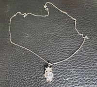 Full view of sterling silver necklace with owl pendant displayed on black surface
