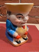 Front view of ceramic Toby jug showing figure details