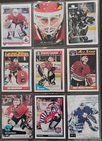 Binder sheet showing all nine Ed Belfour hockey cards