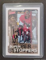 Front of Patrick Lalime autographed 2000-01 Upper Deck Victory Super Stoppers card in holder