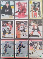 Front view showing nine of the ten Rod Brind’Amour hockey cards spanning Blues, Flyers, Hurricanes