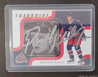 Front of autographed Rostislav Klesla Franchise Players card in holder