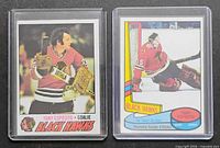 Front view of both Tony Esposito O-Pee-Chee hockey cards in sleeves