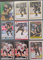 Sheet holding nine Trevor Linden Canucks cards, various brands, late-80s/early-90s designs
