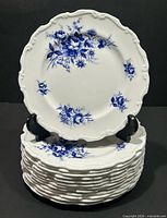 Stack of thirteen Connoisseur plates with one on stand showing blue floral design and scalloped rim