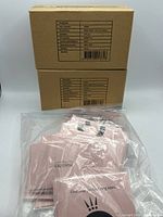 Two shipping boxes labeled Pandora Ring Sizer Pink, plus clear bag containing multiple sealed pink booklets