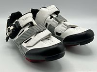 front three-quarter view of both shoes showing straps, buckle and overall design