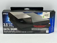 Front of boxed Nyko Data Bank showing product image and specifications
