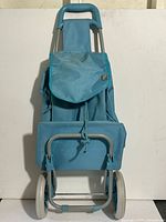 Front view of teal green two-wheel shopping cart standing upright