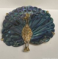 Front view of peacock brooch showing full paua abalone shell tail and gold-tone body