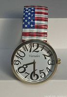 Front view of watch showing dial, numerals and band pattern