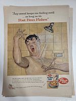 Post Bran Flakes ad page with man singing in shower