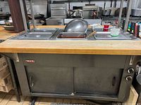 Rear view showing wood countertop, three of the eight lidded stainless wells, control knobs and storage doors