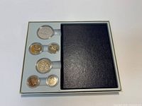 Overview of presentation case with six coins visible