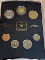 Front view of sealed display card showing all seven coins and mint branding