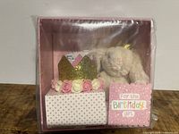 sealed pink gift box with plush bunny, crown, polka-dot box, birthday card