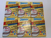 Front view of all six sealed 1991 Donruss Series 1 baseball card packs