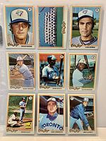 Front view of nine 1978 Topps Toronto Blue Jays cards in plastic sheet