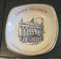 Front of souvenir plate/ashtray showing London Palladium illustration and text