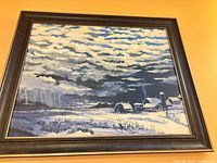 Full view of framed winter landscape painting
