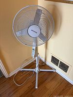 Full view of white Honeywell pedestal fan