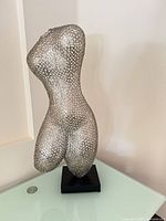 Full view of silver perforated metal female torso sculpture on black base
