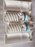 Two Aqirul spiral CFL bulbs in Styrofoam trays, top view